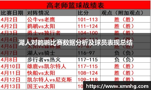湖人对鹈鹕比赛数据分析及球员表现总结